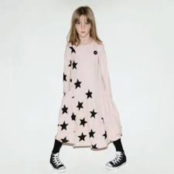 NEW! nununu 360 dress Pink Black Star Long Sleeve Thumbs Pockets A Line Swing - Picture 2 of 9